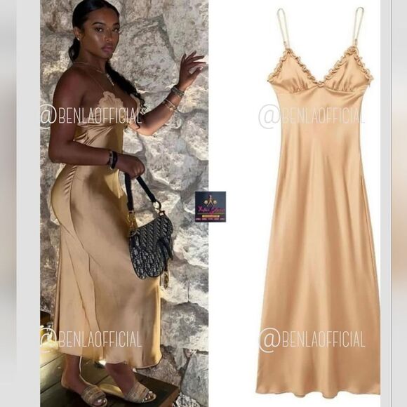 NWT ZARA CONTRASTING RUFFLES SATIN EFFECT DRESS gold/ champagne color - Picture 3 of 15